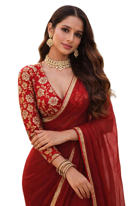 Ekasya Women Red Solid Pattern Embroidery Saree With Unstitched Blouse (E6370)