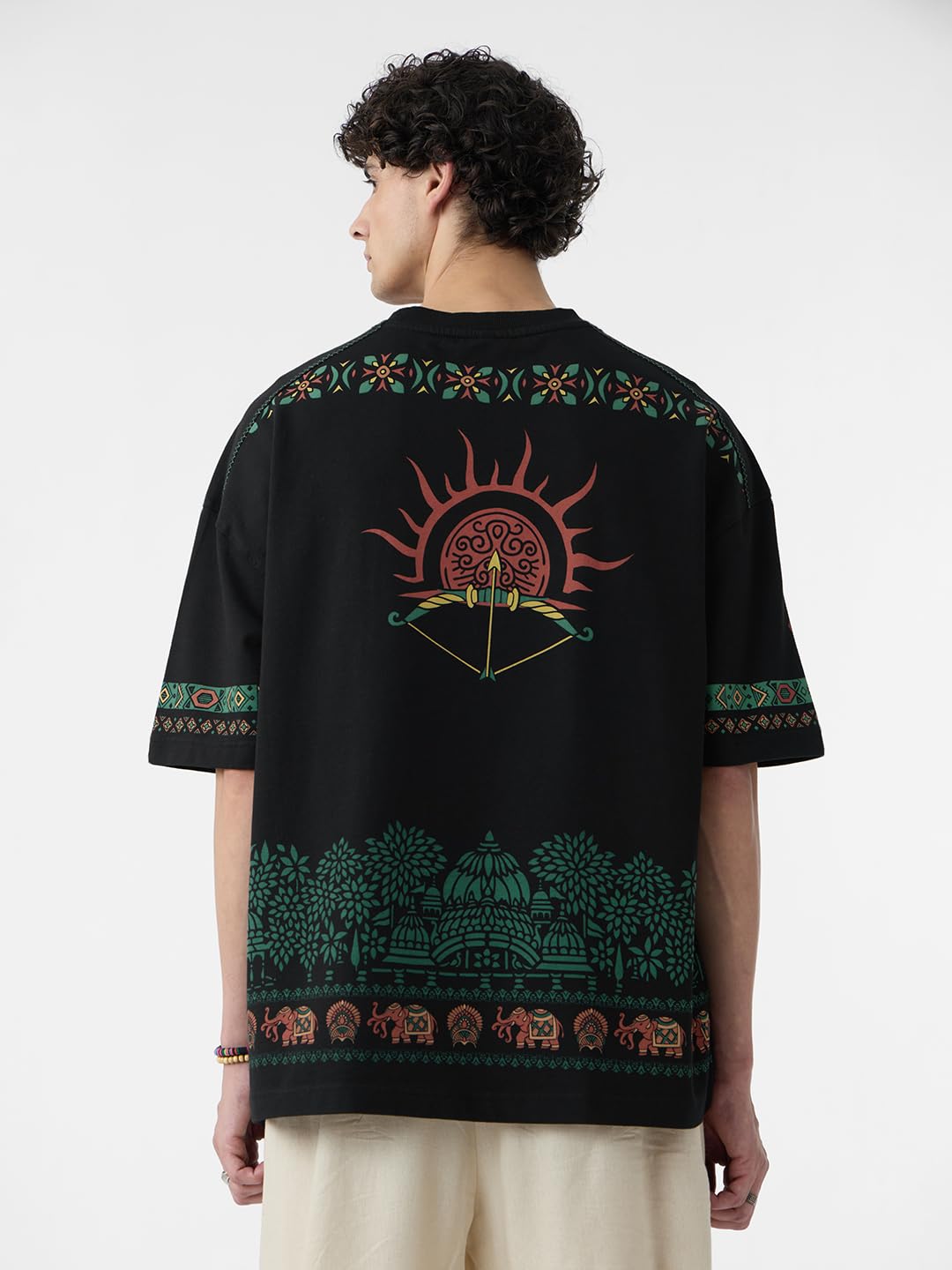 The Souled Store Kurukshetra Men and Boys Short Sleeves Round Neck Black All Over Printed Cotton Super Oversized T-Shirts