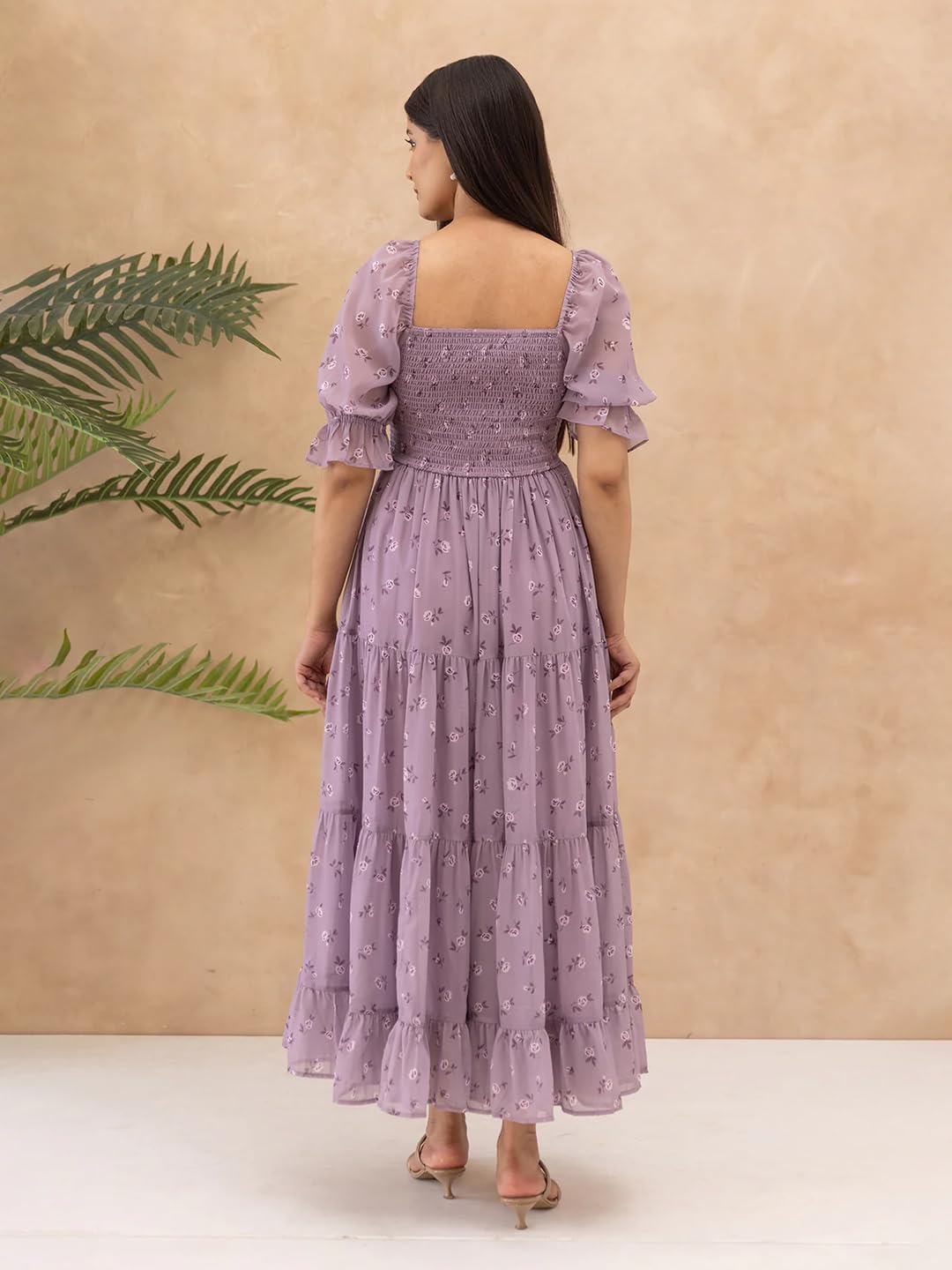 KZULLY | Dress for Women | Midi Length | Flared Hem | Puff Sleeve | Square Neck | Smocked Bodice