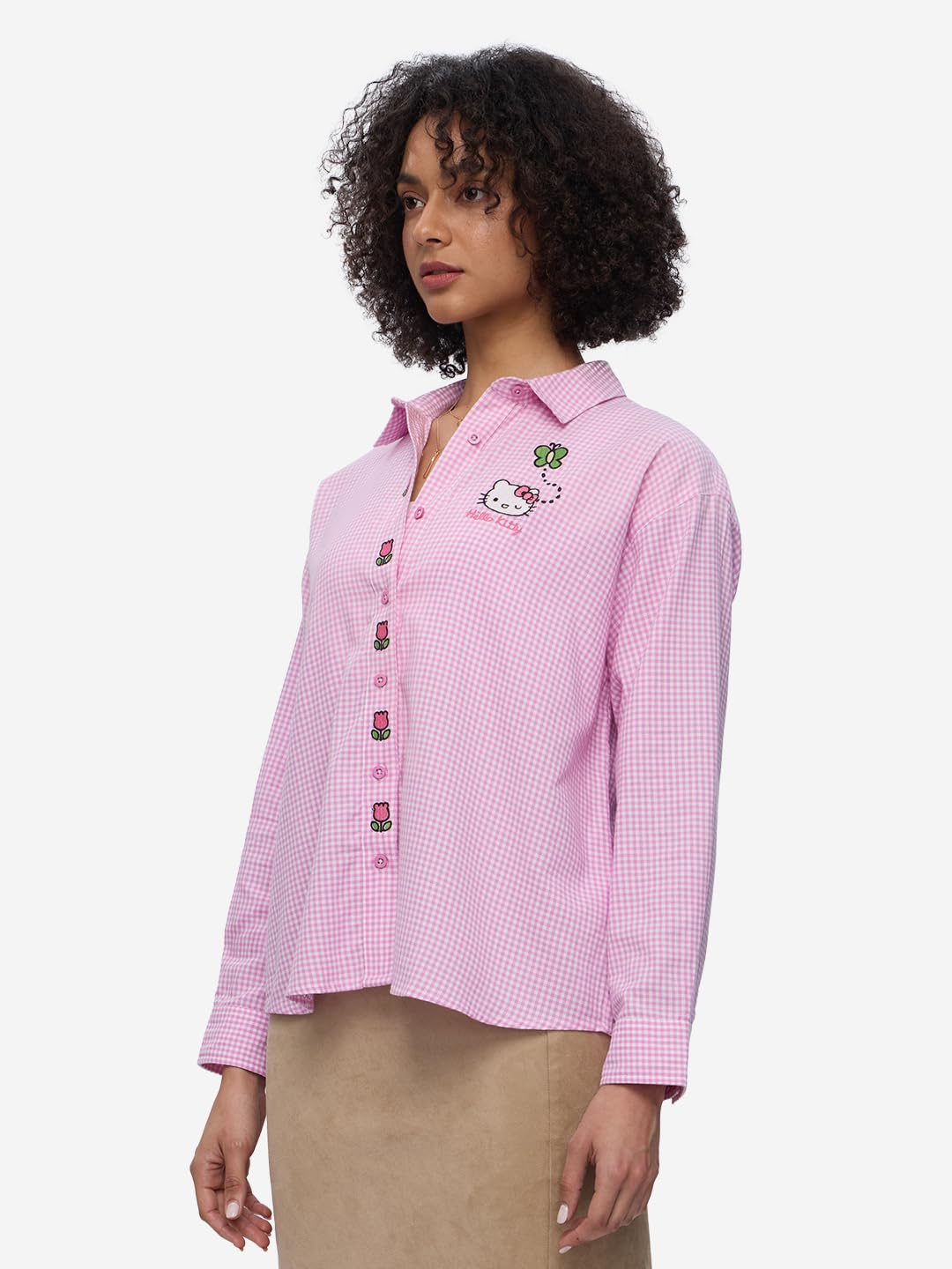 The Souled Store Hello Kitty: Very Plaid Women and Girls Long Sleeves Collared Neck Button Front Cotton Boyfriend Shirts Pink