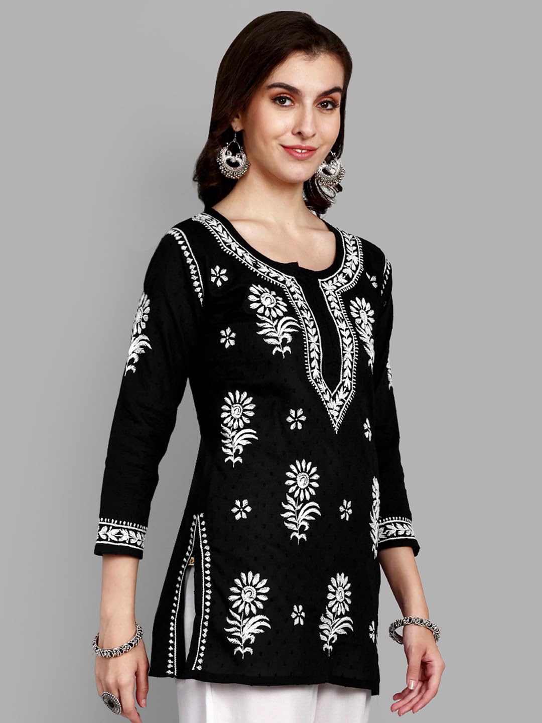 Ada Hand Embroidered Lucknowi Chikankari Cotton Straight Short Top Kurti for Women Black A911378 (L)