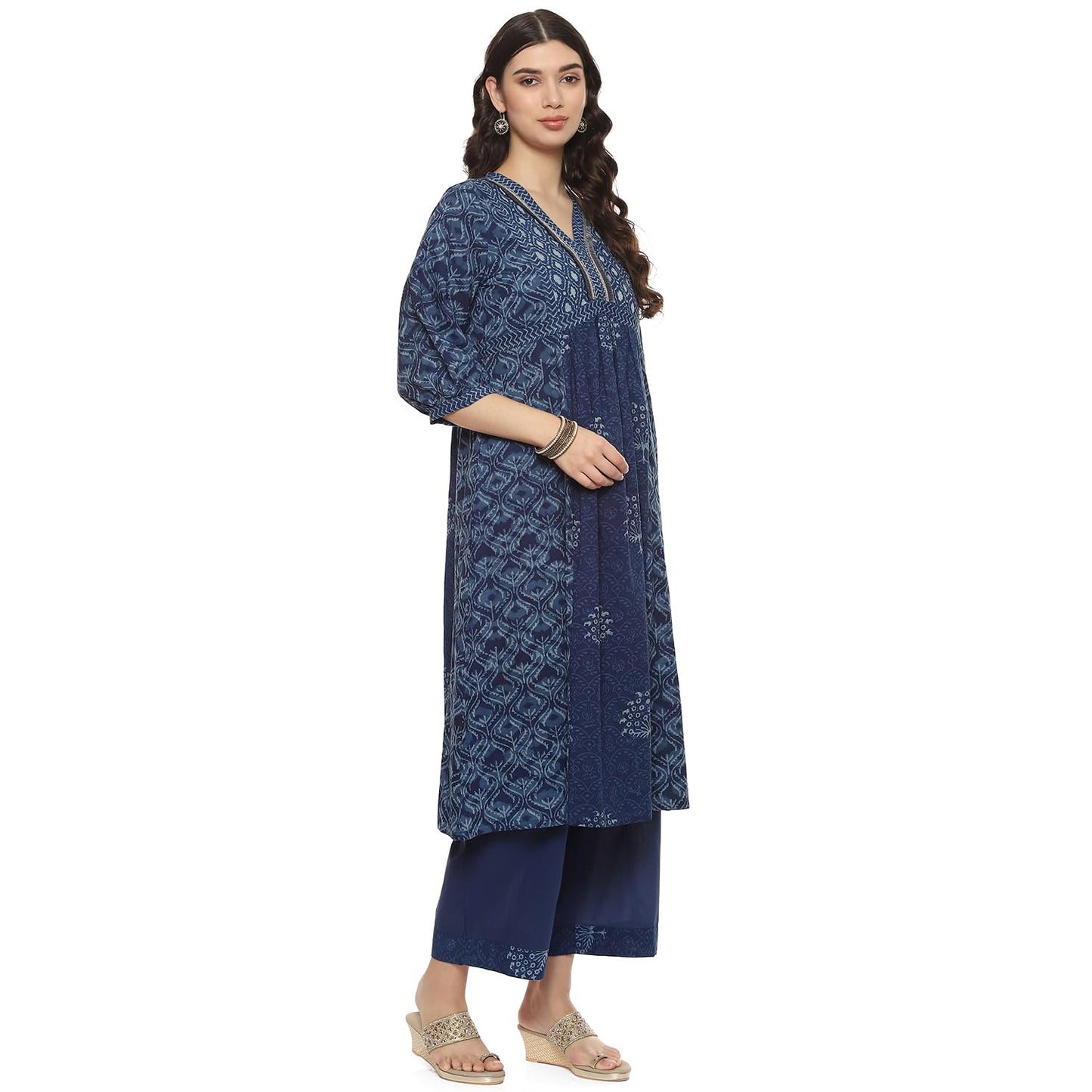 BIBA Women PRINTED GATHERED SALWAR KURTA DUPATTA(SKDDABU9026_INDIGO_42)