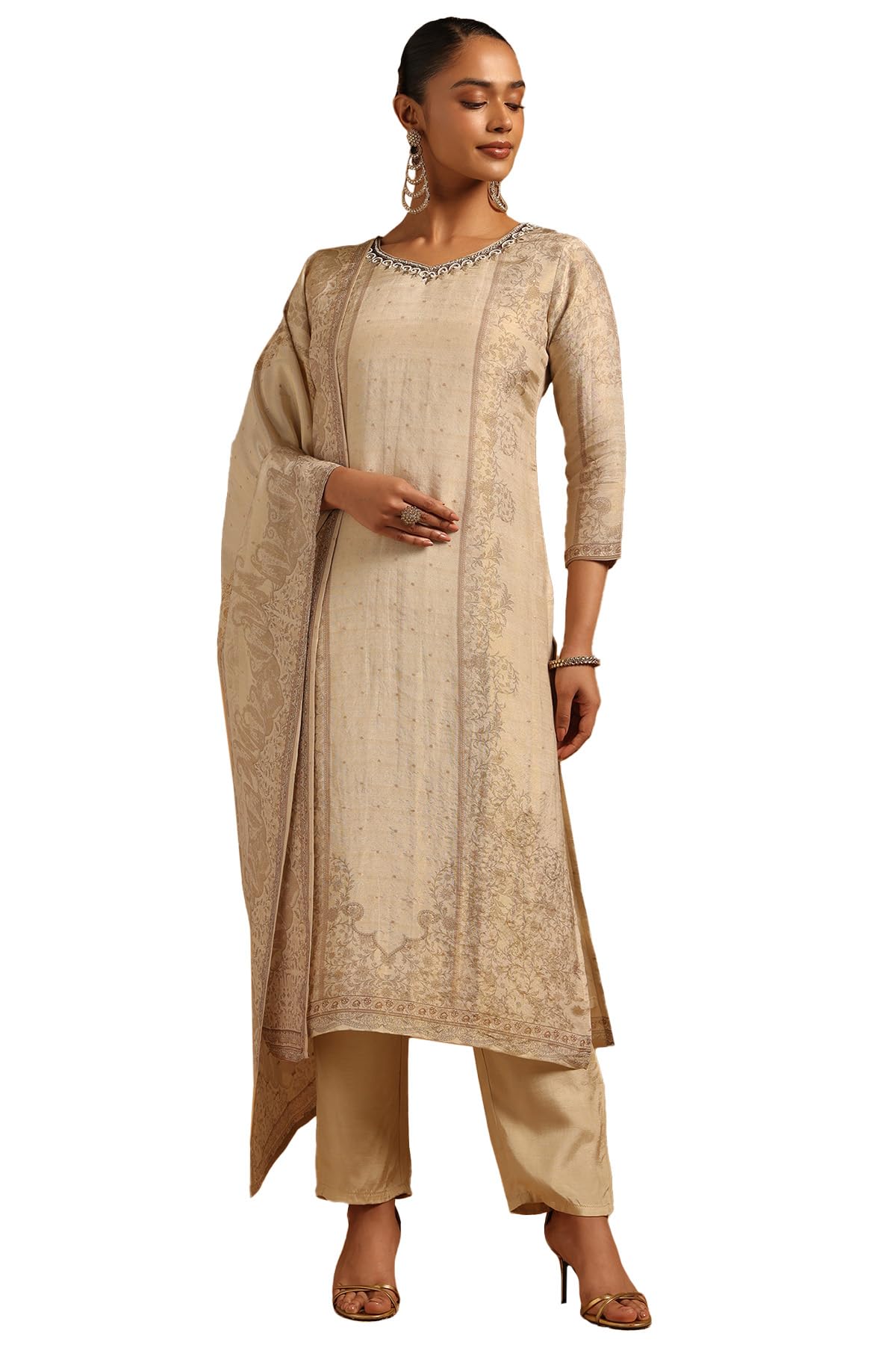 Soch Womens Beige Russian Silk Botanical Salwar Suit With Beads And Stones