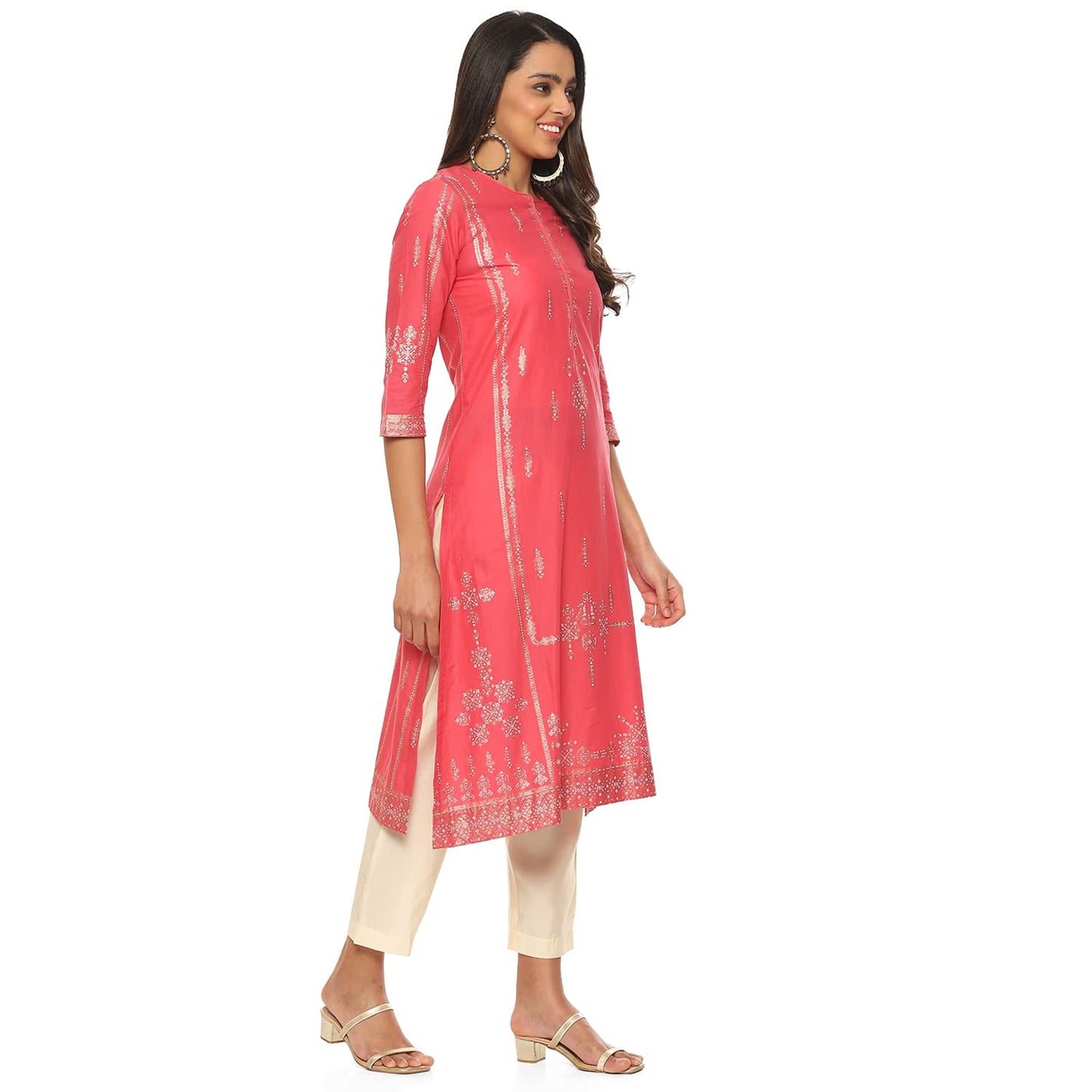 BIBA Women's Cotton Printed Regular Fit Mix & Match (Kolam Co18962_Pink_42, Kurta)
