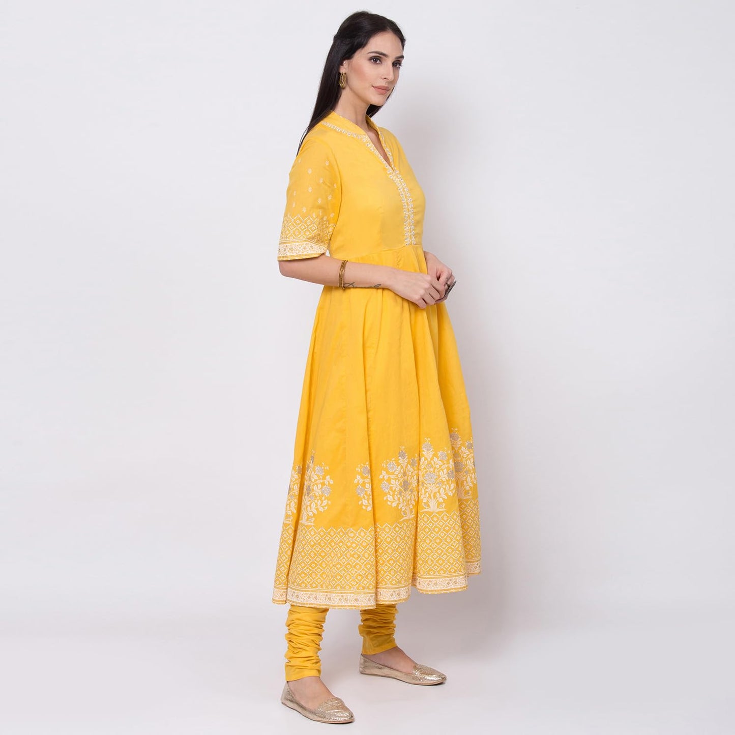 BIBA WOMEN PRINTED FITTED SALWAR KURTA DUPATTA(SKDASSORTED5919E_YELLOW_36)