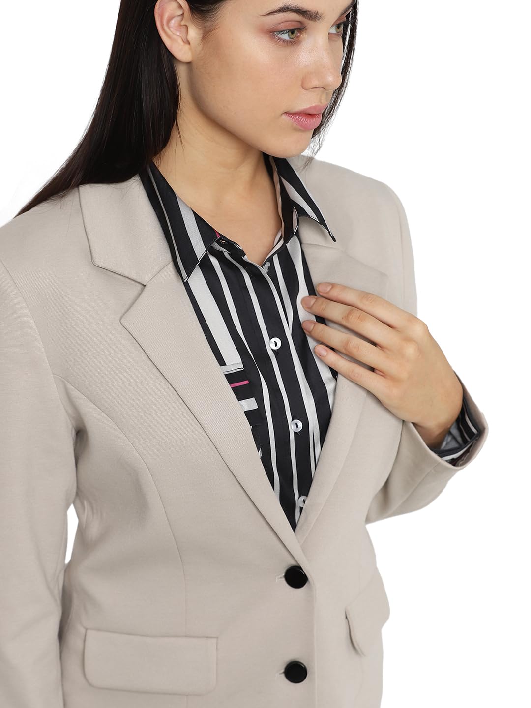 VERO MODA Women Solid Polyester Regular Fit Beige Single-Breasted Blazer
