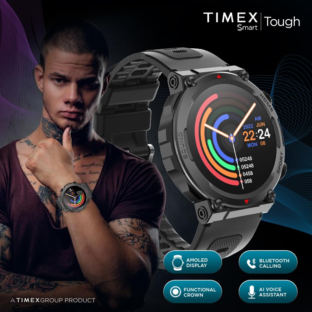 TIMEX Men Tough 1.43Round Amoled Rugged Smartwatch With 466X466 Pixel Resolution| Bluetooth Calling| Metallic Body|Always On Display|Ai Voice Assist|100+ Sports Modes|100+ Watchfaces