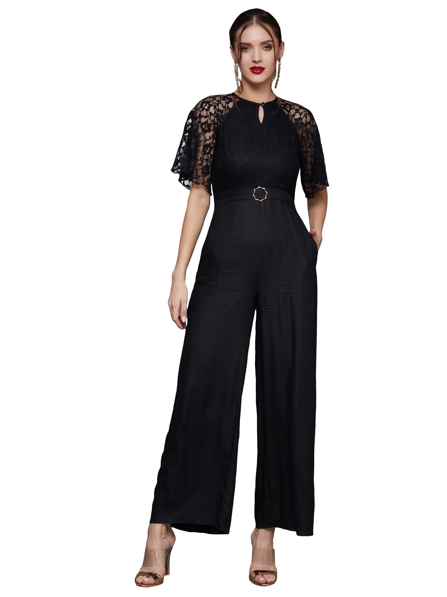 Miss Chase Women's Round Neck Flared Sleeve Floral Raglan Regular Jumpsuit (MCSS23D15-69-668-07, Abyss Black, 2XL)