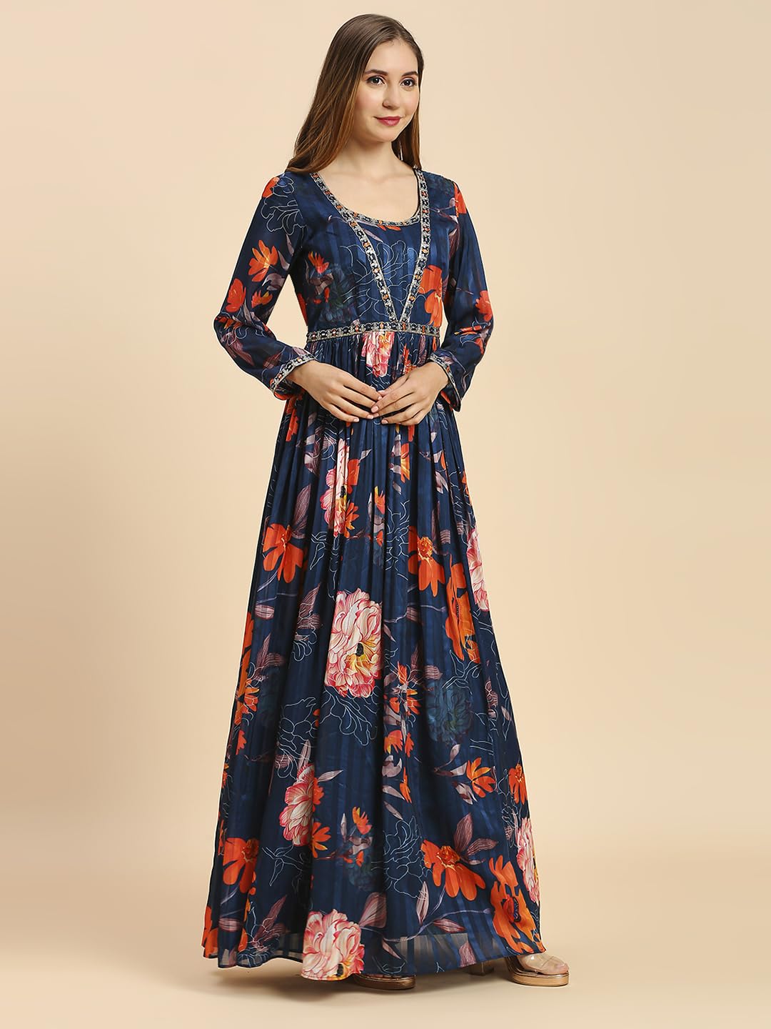 Madhuram Women's Sartin Patta Gown for Women Ethnic with Digital Print and Embroidery Work Long Gown Blue