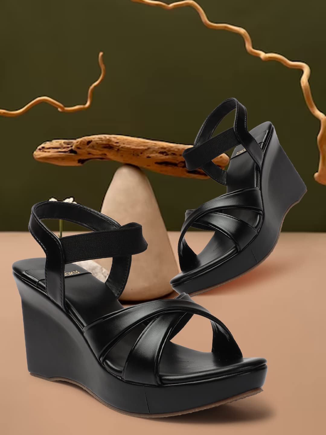 XE Looks Women's Black Wedge Heel Sandals | Stylish Cross Strap Slip-On Sandals for Girls | Comfortable Cushioned Sole | Open Toe Design | Ideal for Casual Party Office and Formal Wear