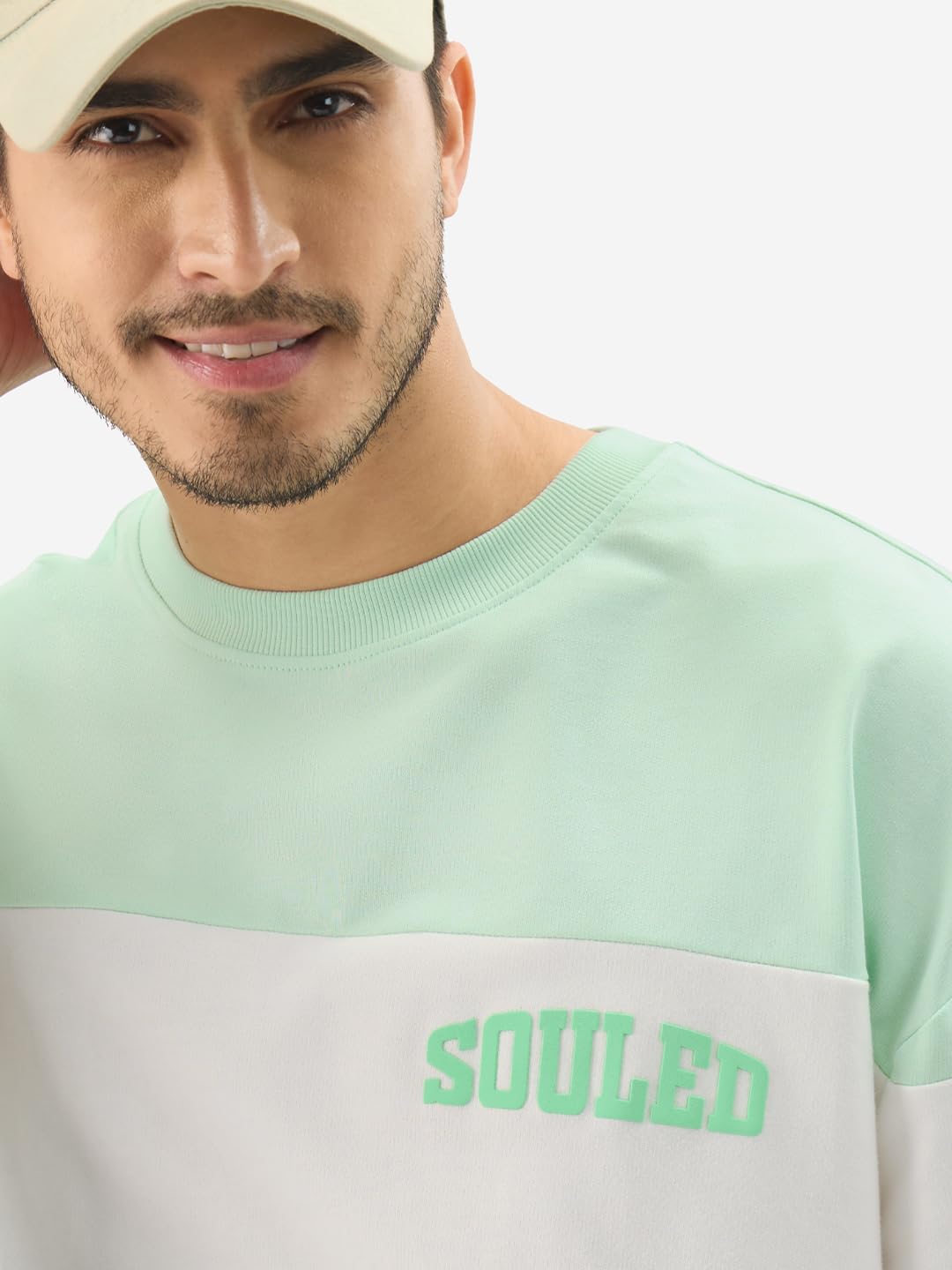 The Souled Store Jasper Men and Boys Round Neck Green and White Colorblock Full Sleeve Oversized T-Shirts Oversized Men's T-Shirts Solid Tees Casual Fashion Relaxed Fit Full Sleeves Round Neck