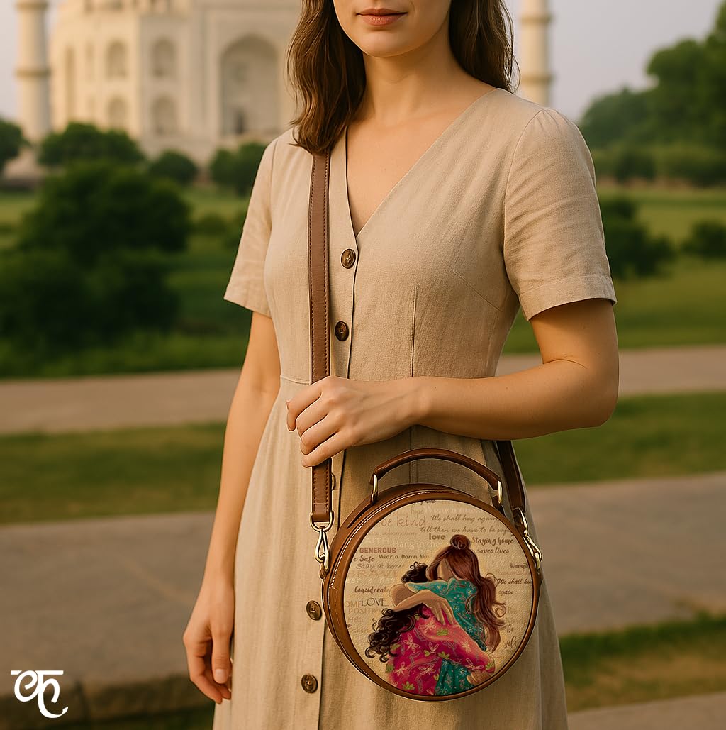 Kalankit Women Round Sling Bag | Stylish Vegan Leather Crossbody Purse | Side Bag with Strap | Rakhi Gift for Sister | Birthday Present | Travel-Friendly | Being Hug Again, Multicolor
