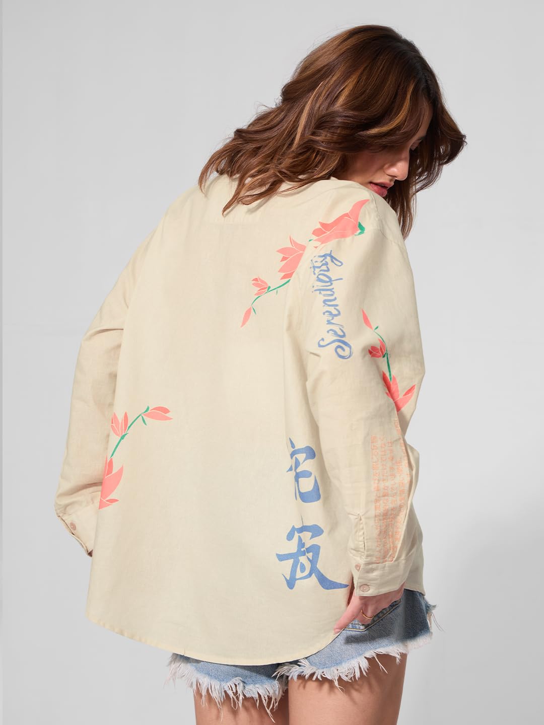 The Souled Store Cotton Linen Shirt: Unbound Women and Girls Long Sleeves Collared Neck Button Front Beige All Over Printed Cotton Linen Boyfriend Shirts