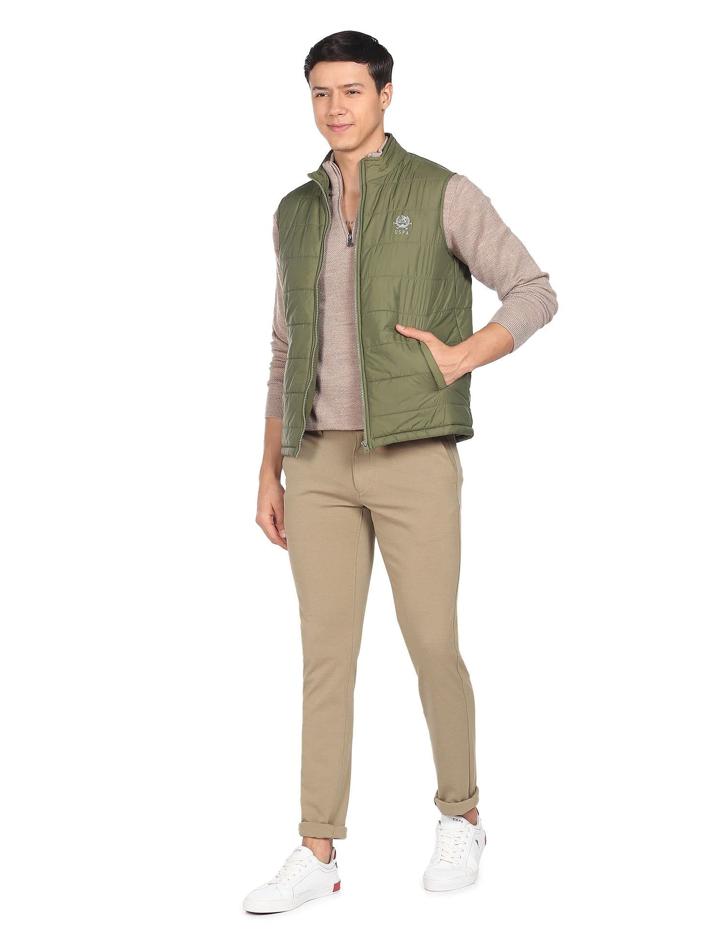 U.S. Polo Assn. Nylon Men Olive High Neck Sleeveless Solid Padded Standard Length Jacket, Small