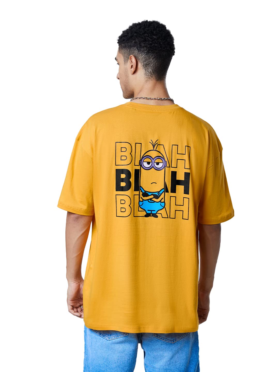 The Souled Store Men Official Minions: Blah Blah Blah Mustard Yellow Printed Oversized T-Shirts Oversized T-Shirts Fashionable Trendy Graphic Prints Pop Culture Merchandise