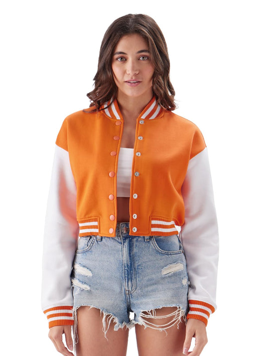 The Souled Store Solids: Blazin Orange, White (Colourblock) Women Varsity Jackets Jackets Winter Coats Outerwear Bomber Puffer Windbreaker Hooded Quilted Lightweight Warm Stylish Fashionable Casual