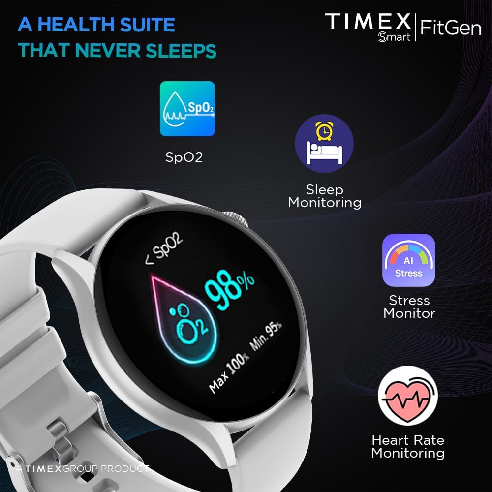 Timex FitGen 1.43" Round AMOLED Smartwatch with 466x466 Pixel Resolution|Single Sync Bluetooth Calling|Rotating Crown| Metallic Body|AI Voice Assist|100+ Sports Modes|Upto 7 Days Battery(Normal Usage)