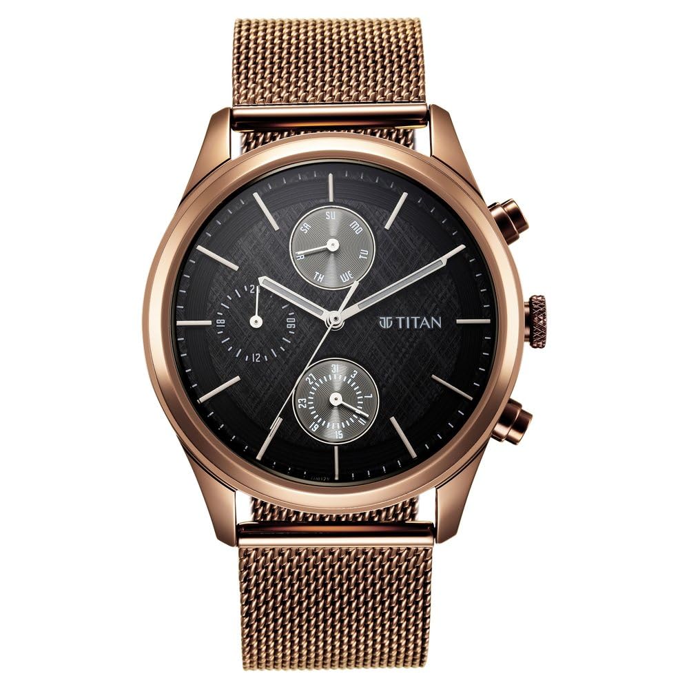 Titan Neo Splash Quartz Analog with Day-Date Black Dial Metallic Brown Stainless Steel Strap Watch for Men - NT1805QM05