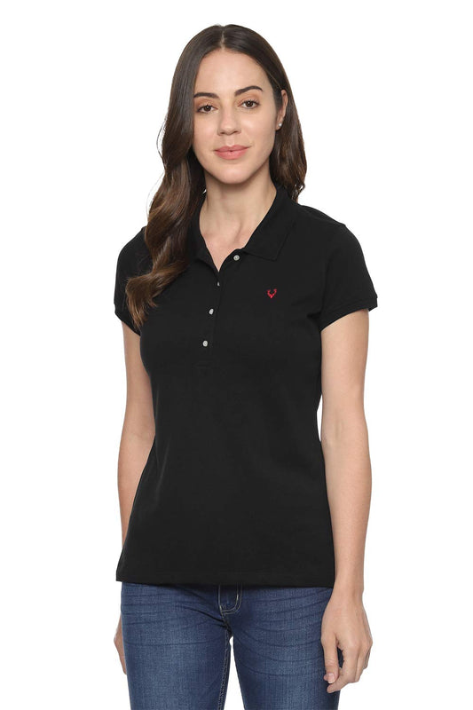 Allen Solly Women Black Solid regular fit T-Shirt(AHCTCRGFF25308_Black Solid_S)