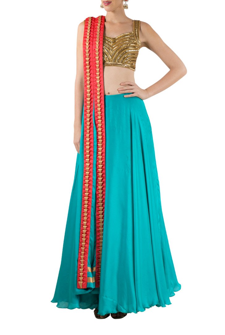 mapxencaRS Blue Satin silk skirt with fully embroidered choli & textured pink gold duppatta