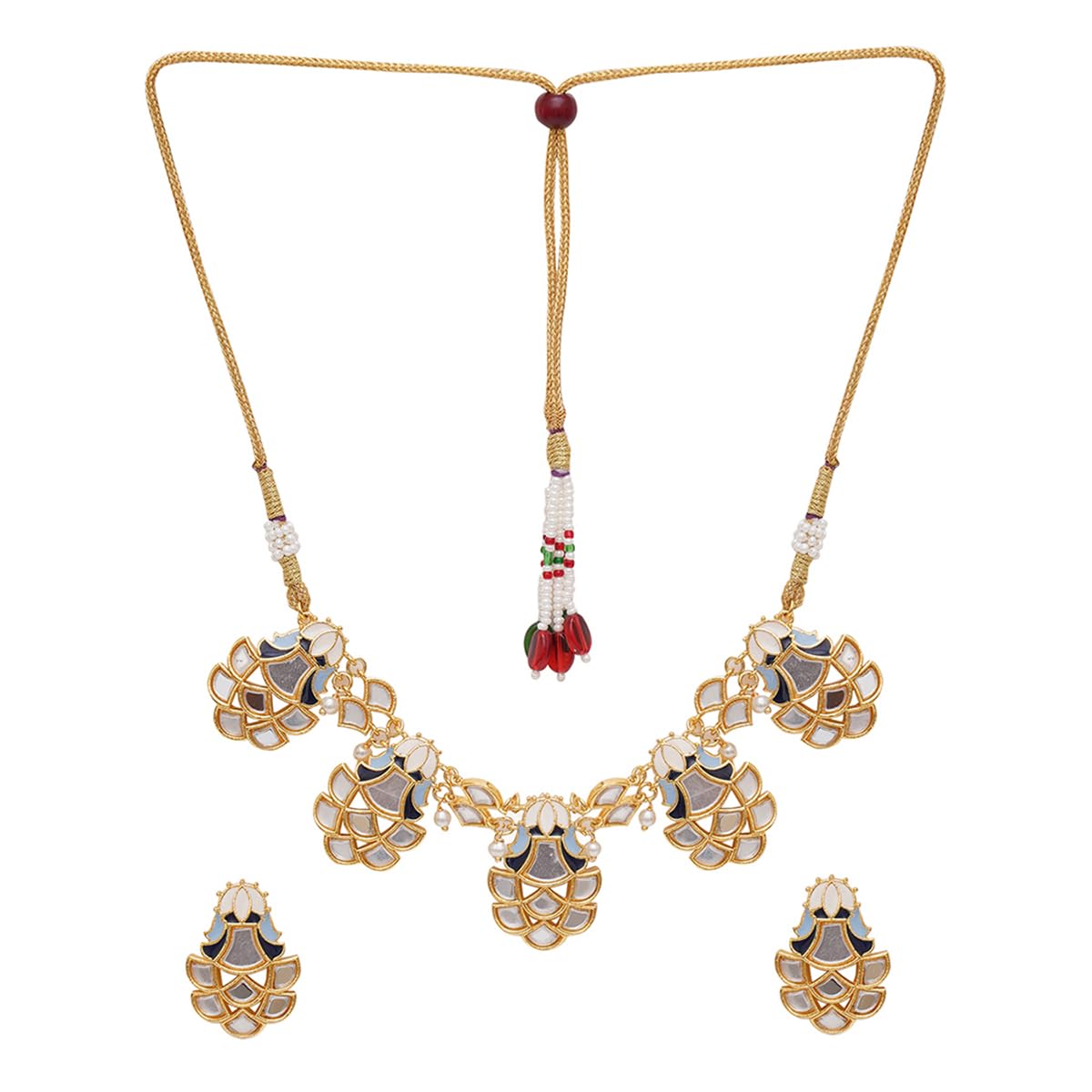 VOYLLA Festive Hues Mirror Work Enamelled Brass Gold Plated Choker Jewellery Set