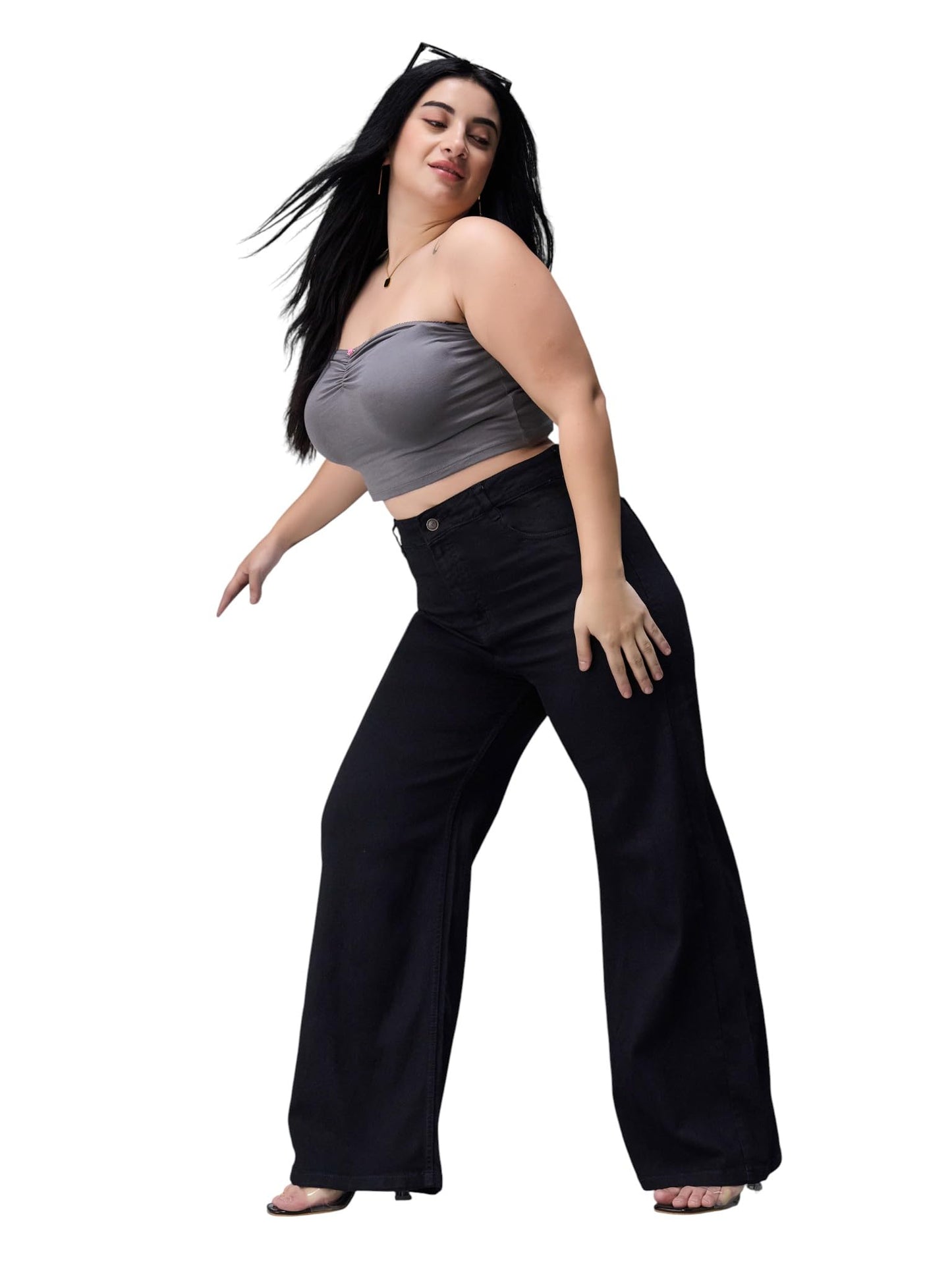 Miss Chase A+ Women's Wide Leg High Rise Regular-Length Stretchable Denim Jeans (APSS23DEN12-53-884-30, Hematite Black, 30)