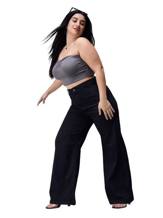 Miss Chase A+ Women's Wide Leg High Rise Regular-Length Stretchable Denim Jeans (APSS23DEN12-53-884-30, Hematite Black, 30)