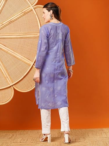 Ada Hand Embroidered Lucknowi Chikankari Cotton Kurti Kurta for Women A411610 Mauve (L)