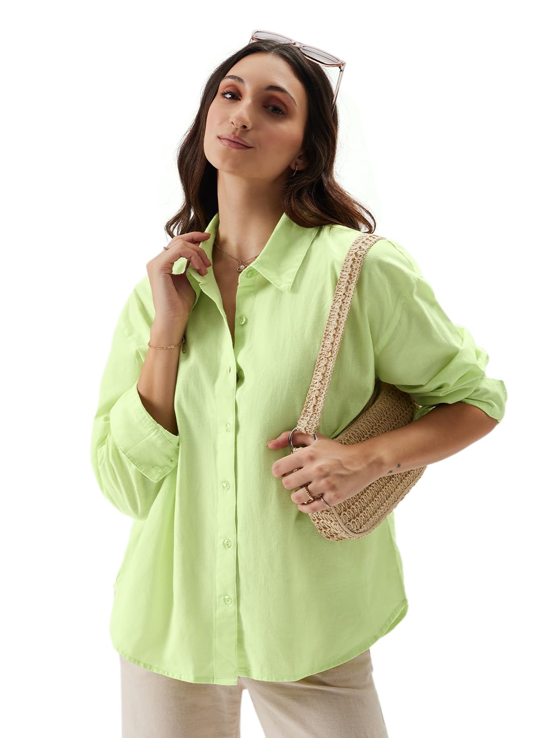 The Souled Store Solids: Lime Women and Girls Loose fit Full Sleeve Cotton and Linen Yellow Color Women Boyfriend Shirts