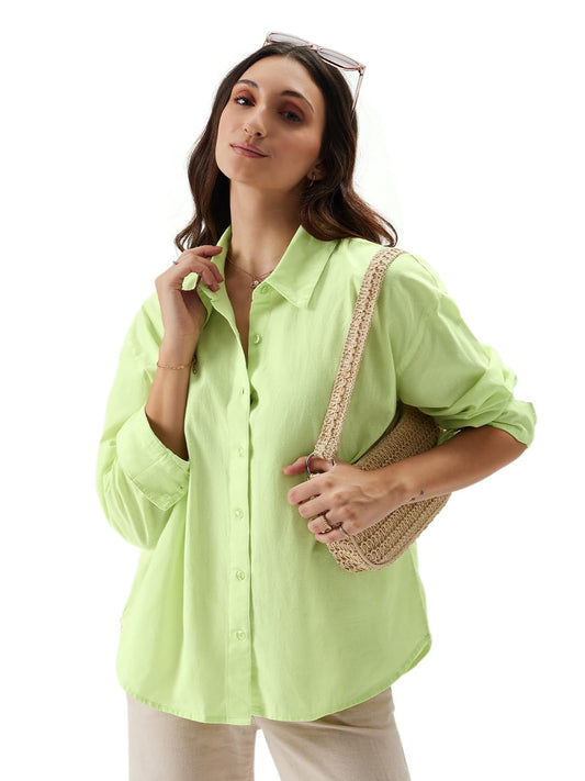 The Souled Store Solids: Lime Women and Girls Loose fit Full Sleeve Cotton and Linen Yellow Color Women Boyfriend Shirts