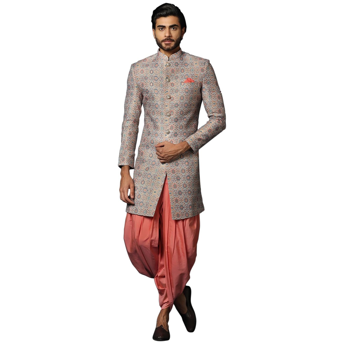 KISAH Men's Grey and Orange Sherwani Dhoti Set, Cotton Full Sleaves, Knee Length, Straight, Regular Fit, Mandarin Collar Ethnic wear