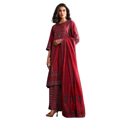 Biba Women Red Viscose Straight Printed Kurta Set_42