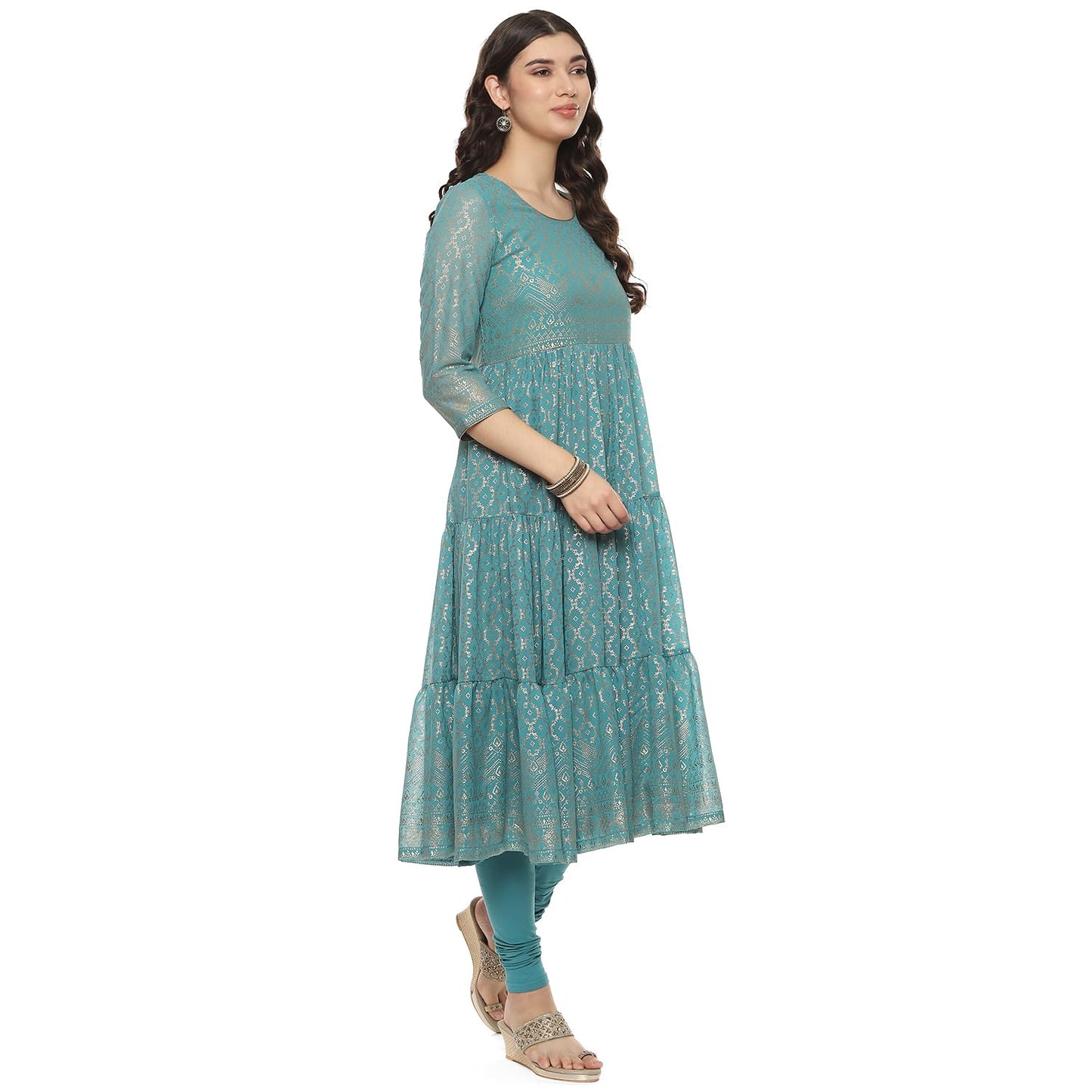 BIBA WOMEN PRINTED ANARKALI SALWAR KURTA DUPATTA(SKDGOLD MUR9143_SEA GREEN_36)