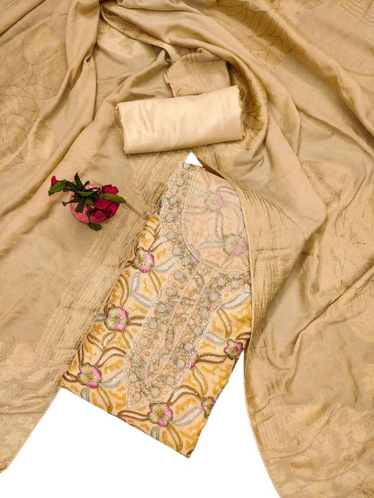 VARNI FABRICS Organza Dress Material for Women Floral Print Unstitched Woman Salwar Suit Dress Material With Organza Dupatta Beige