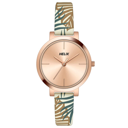 Helix by Timex Analog Watch for Women with Rose Gold Round Dial & Printed Leather Strap Band Water Resistant Women's Wrist Watches - TW041HL15