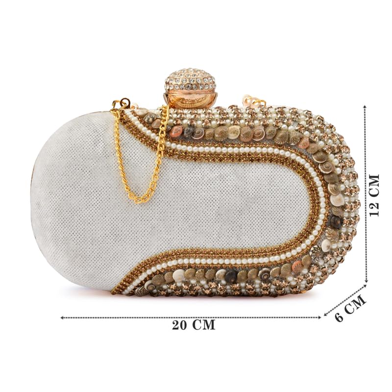 QHAN Elegant Beaded Clutch Purse for Women – Emroidered Bag with Gold Chain, Rhinestone Clasp & Stone Detailing (Cap Pebble White)