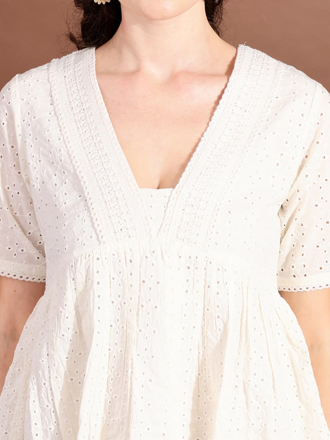 Womanista Women's Off White Cotton SCHIFLLI with CROCIO V-Neck LACE A-LINE Ethnic Dress Knee-Length