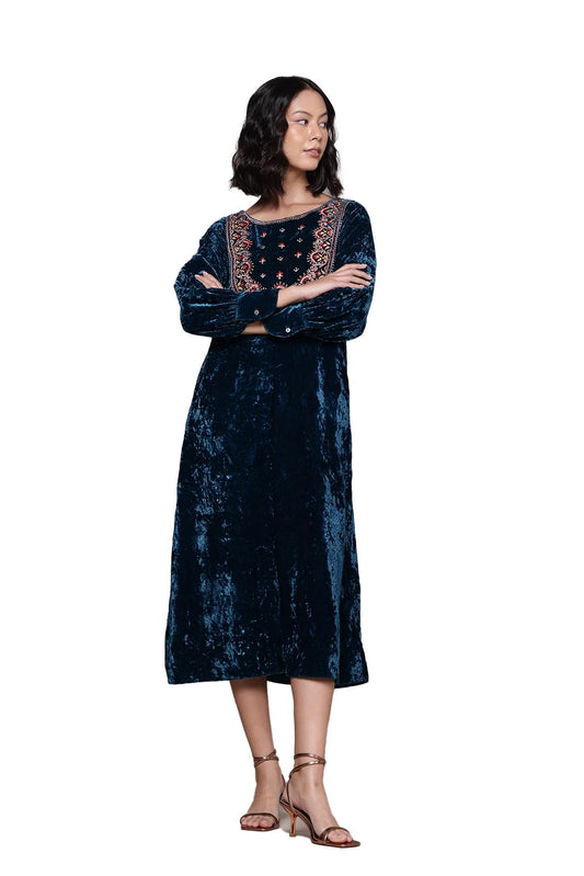Aarke Ritu Kumar Teal Inara Velvet Midi Dress