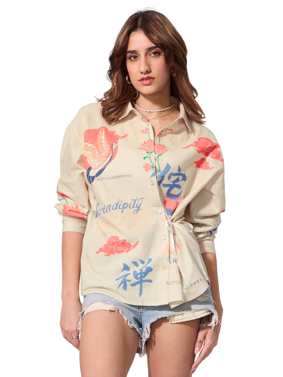 The Souled Store Cotton Linen Shirt: Unbound Women and Girls Long Sleeves Collared Neck Button Front Beige All Over Printed Cotton Linen Boyfriend Shirts