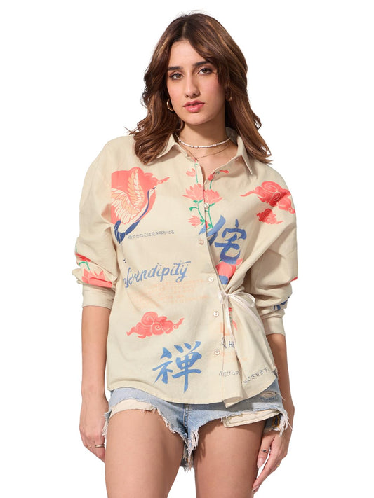 The Souled Store Cotton Linen Shirt: Unbound Women and Girls Long Sleeves Collared Neck Button Front Beige All Over Printed Cotton Linen Boyfriend Shirts