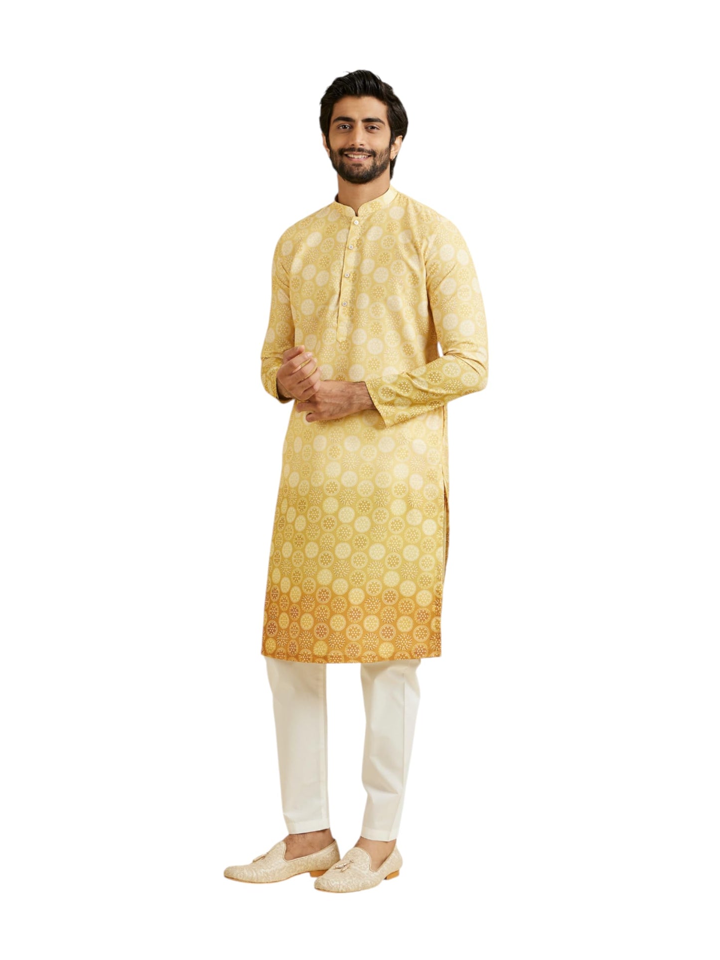 Manyavar Men's Cotton Blend Circular Bandhani Prints Kurta Pyjama Set (2pcs)