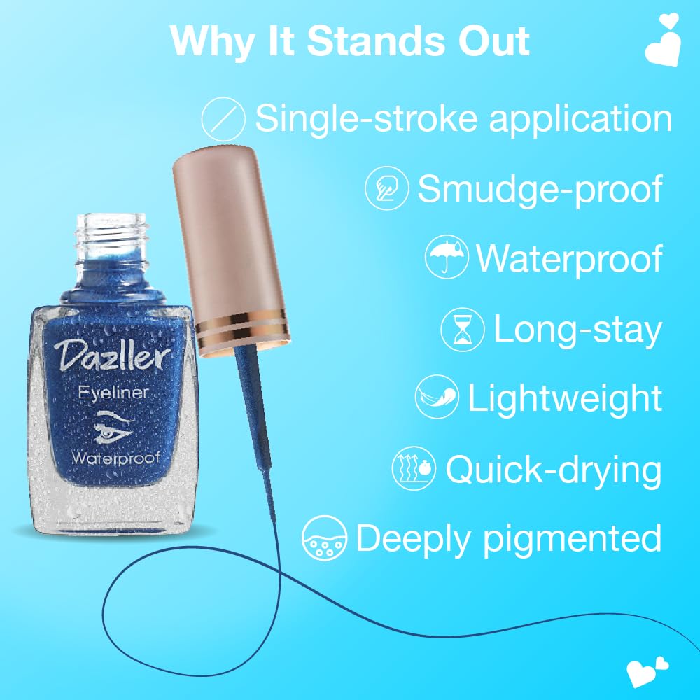 DAZLLER Liquid Eyeliner Waterproof, 9.5Ml, Black + Blue, Smudge-Proof, Matte Finish, One Stroke Application, Long-Lasting, Deeply Pigmented, Lightweight, Quick-Drying