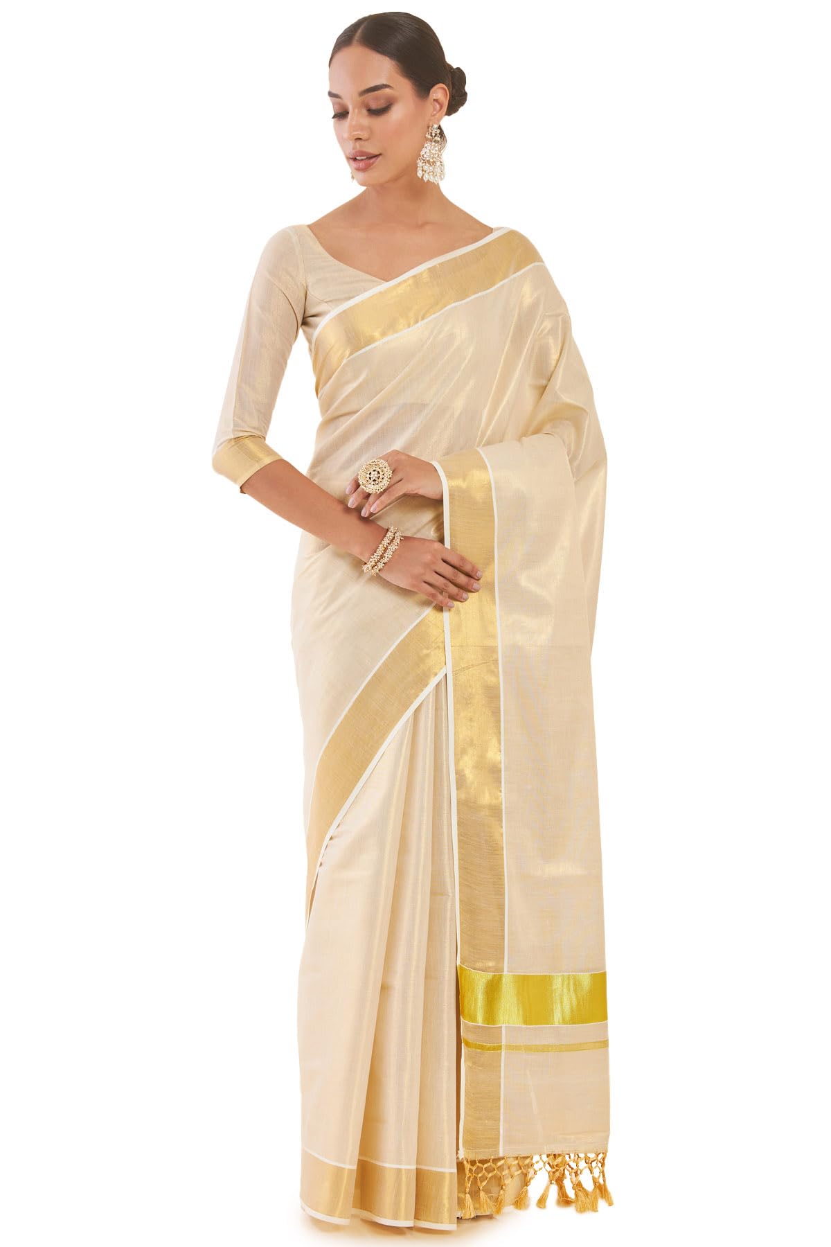 Soch Women Gold Tissue Kasavu Saree With Zari Pallu And Borders