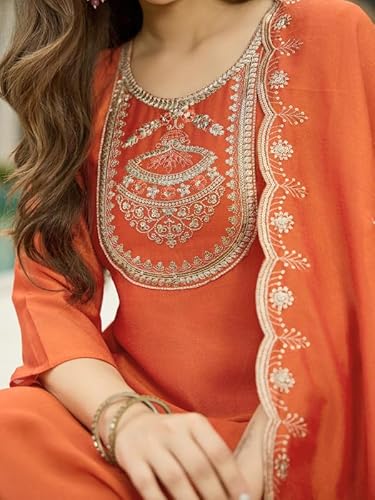 AVYUKTHA | Women Ethnic Motifs Embroidered Kurta with Trors & Dupatta | Traditional Thread Work Kurta Set for Festive & Daily | Orange, Size- M