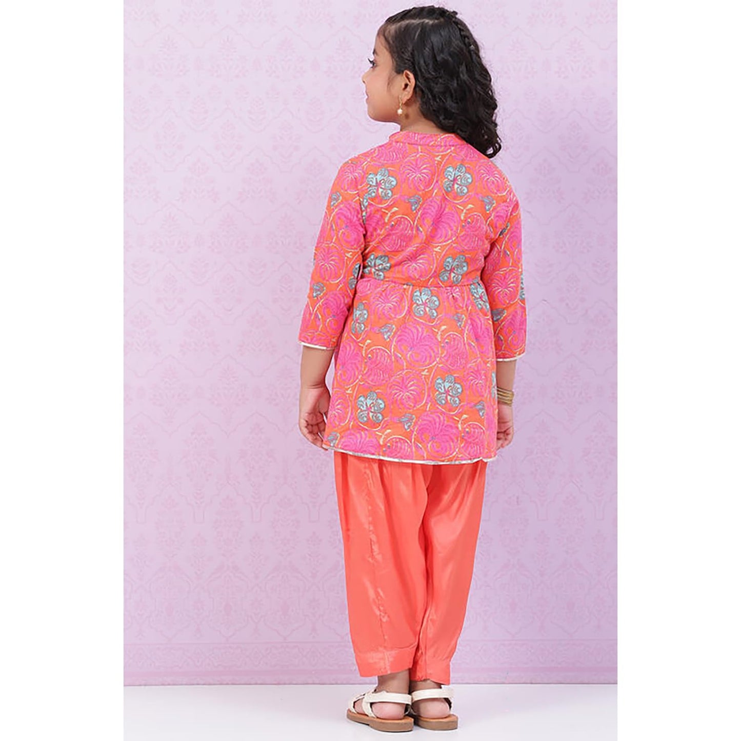 BIBA Girls Cotton Flared Printed Suit Set(KW5045E_15_Orange)