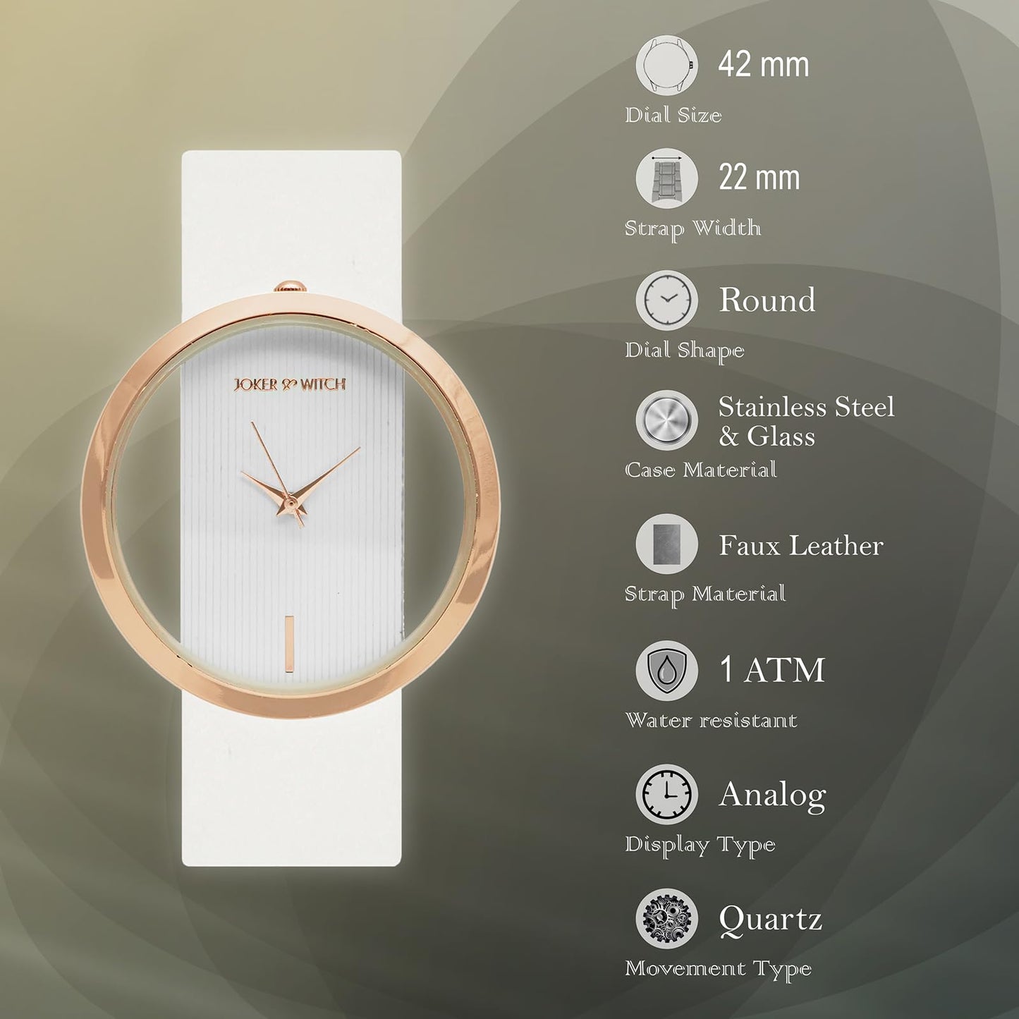 Joker & Witch Futuristic 44mm White Dial 22mm Faux Leather Strap Watch for Women
