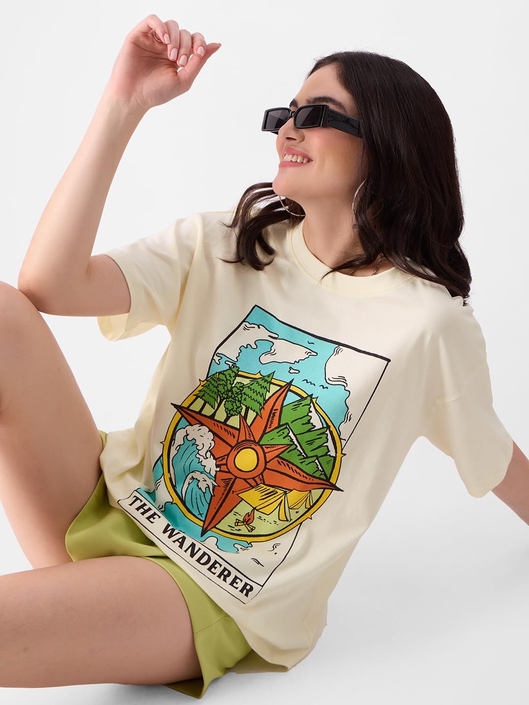 The Souled Store Women TSS Originals: The Wanderer Oversized T-Shirt Oversized T Shirts for Women T-Shirt Girls Cotton Casual Half Sleeves Baggy Loose Fit Drop Shoulder Round Neck Back Printed