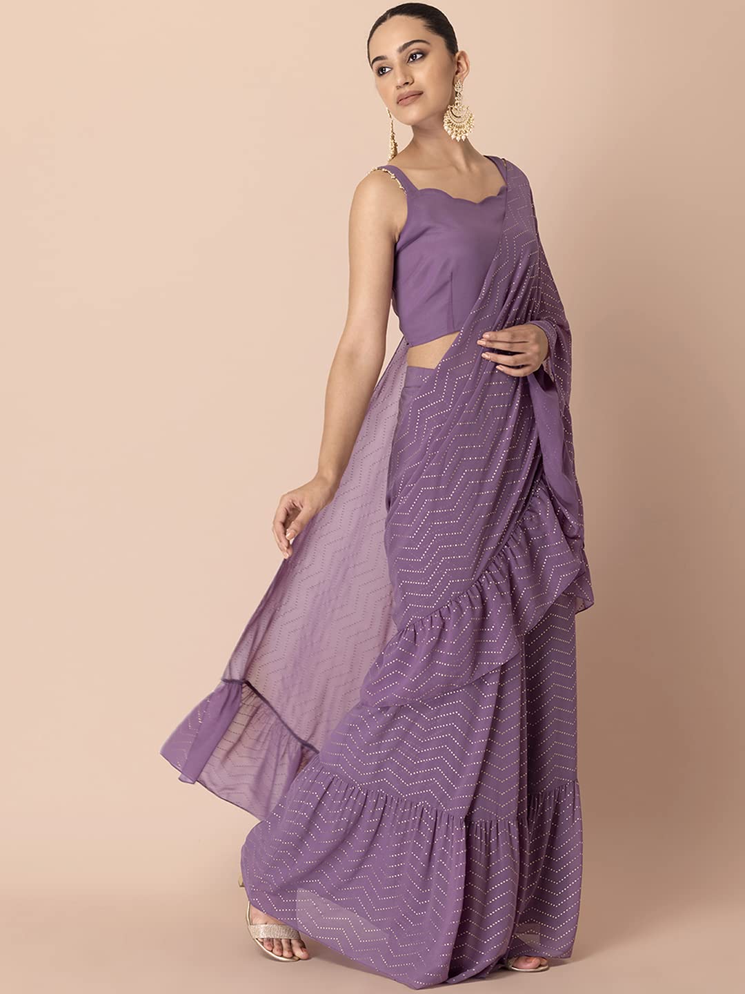 Indya Women's Georgette Pre-Stitched Saree (Purple)