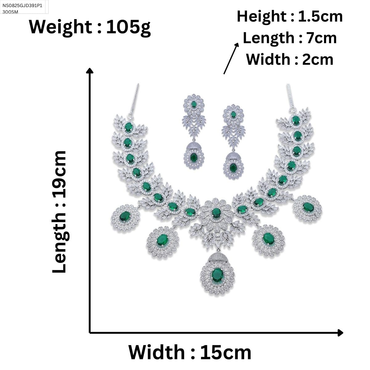 Iksava Rhodium Plated Necklace Set with Earrings American Diamond Bridal Jewellry Set with Earrings / Statement Bridal Jewellry - Ideal for Weddings, Engagement, and Special Occasions for Womens. (Green Silver)