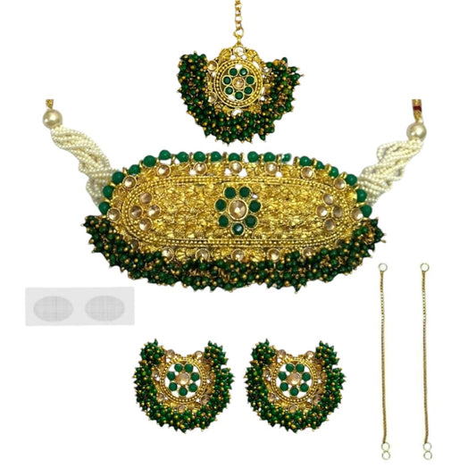 ACCESSHER Gold Plated Green Rajwadi Style Choker Set with Earrings and Maangtikka with a Pair of Gold-Plated Earring Supporter & Maangtikka Supporter Patch Sticker | For Women & Girls